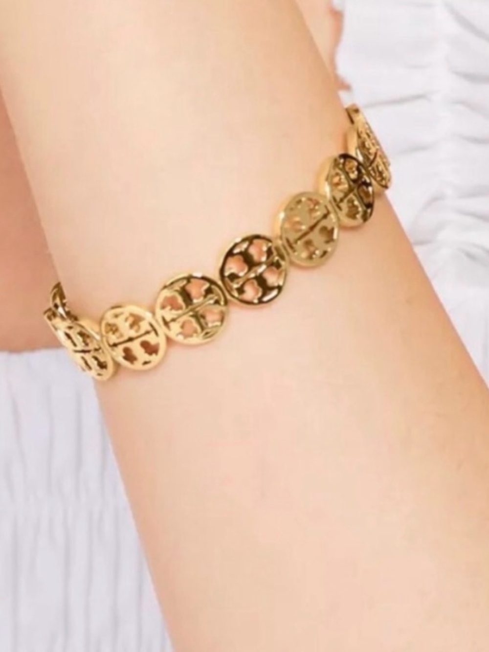 Tory Burch Authentic Gold Logo Disc Open Cuff Bracelet Bendable New
